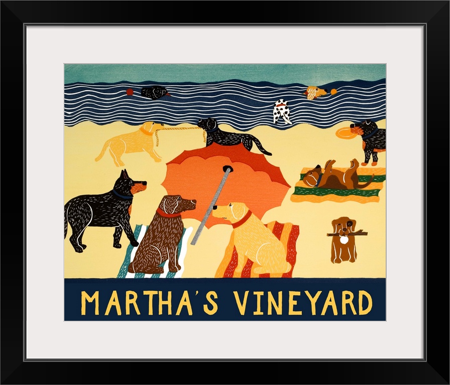 Illustration of multiple breeds of dogs having a beach day with "Martha's Vineyard" written on the bottom.