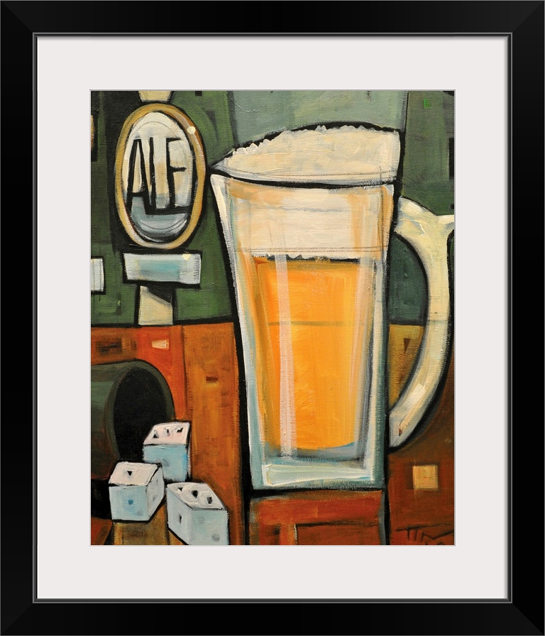 Vertical, contemporary painting on a large wall hanging of a mug of beer sitting on a bar counter, next to several dice.  ...