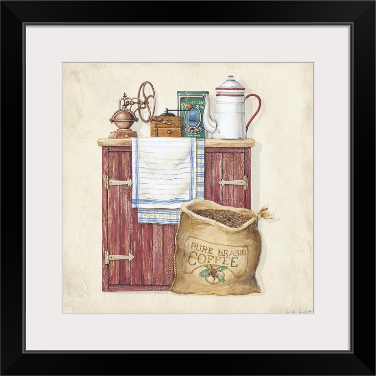 Sideboard cabinet with coffeepot, old-fashioned grinder, towel and tin of premium coffee. Sack of Pure Brasil Coffee on floor