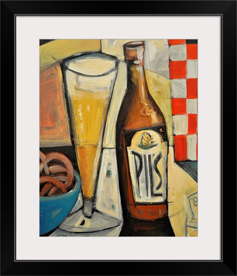 Vertical, large wall painting of a bottle of pilsner sitting next to a tall glass of beer.  The items are sitting on a bar...