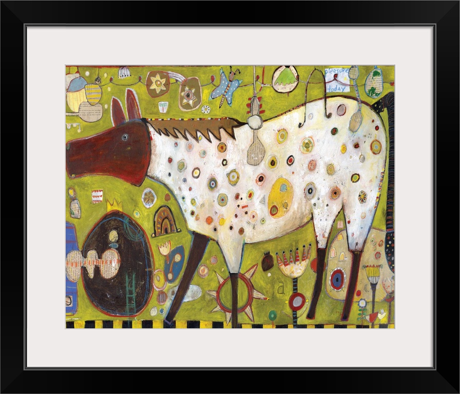 Lighthearted contemporary painting of a horse against a green background.
