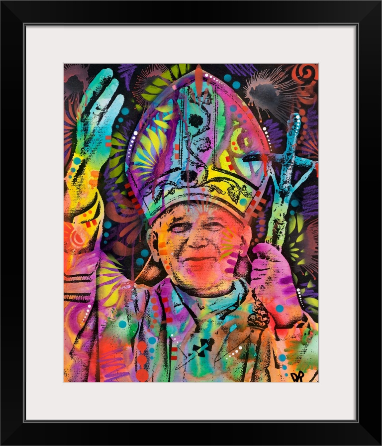 Pop art style painting of Pope John Paul II covered in colorful abstract designs.