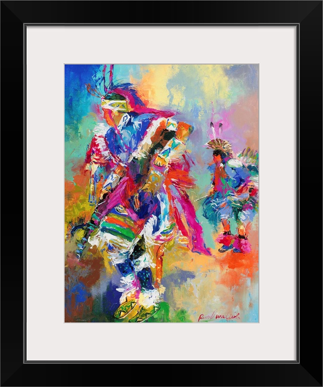 Colorful abstract painting of two Native American chiefs dancing at a pow wow.
