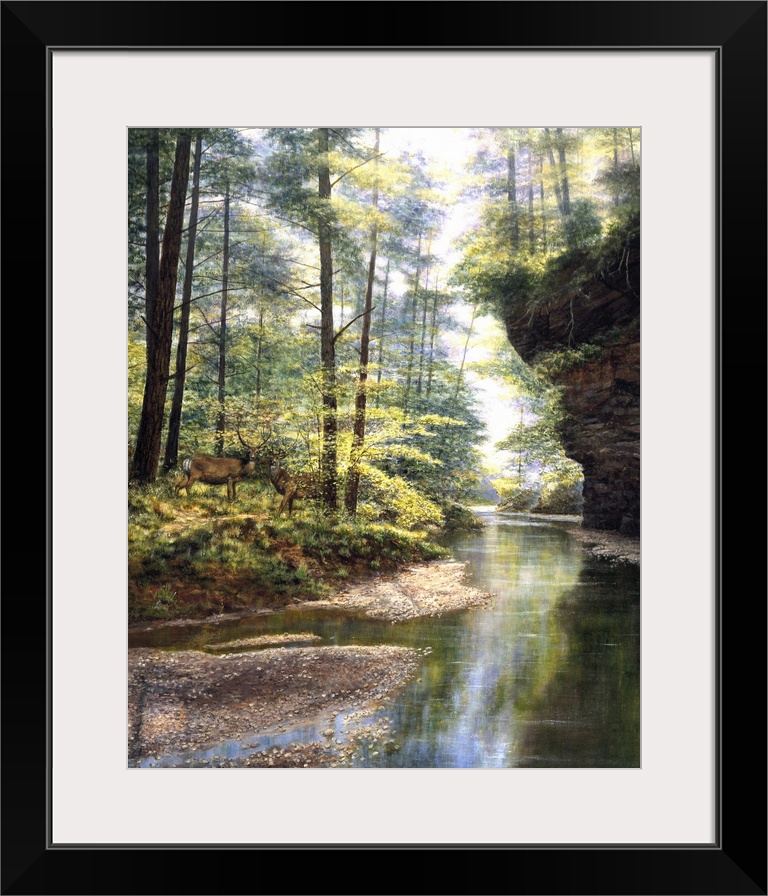 Contemporary painting of a stream running through a forest.