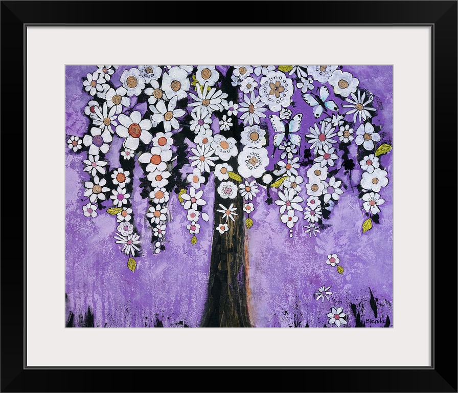 Lighthearted contemporary painting of a flowering tree, against a purple background.