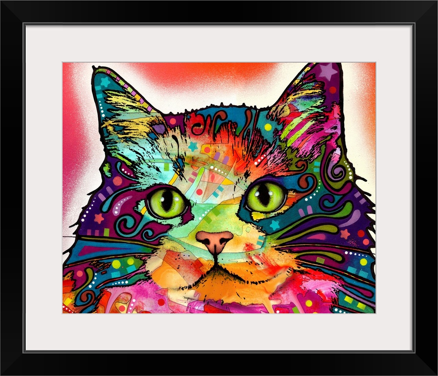 Large illustration displays the head of a cat that has been decorated in a variety of extremely vibrant cool and warm tone...