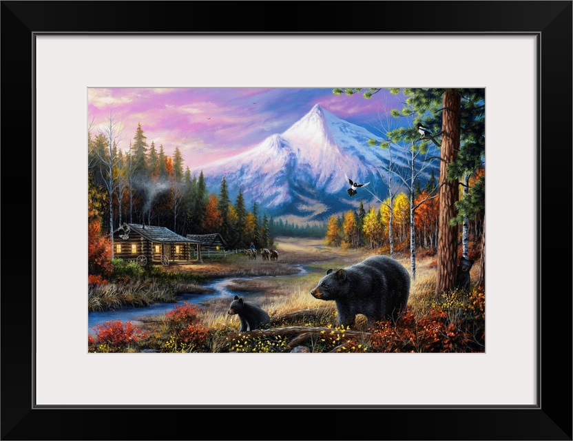 Contemporary landscape painting of a cabin the the woods with mountains in the background and two black bears in the foreg...