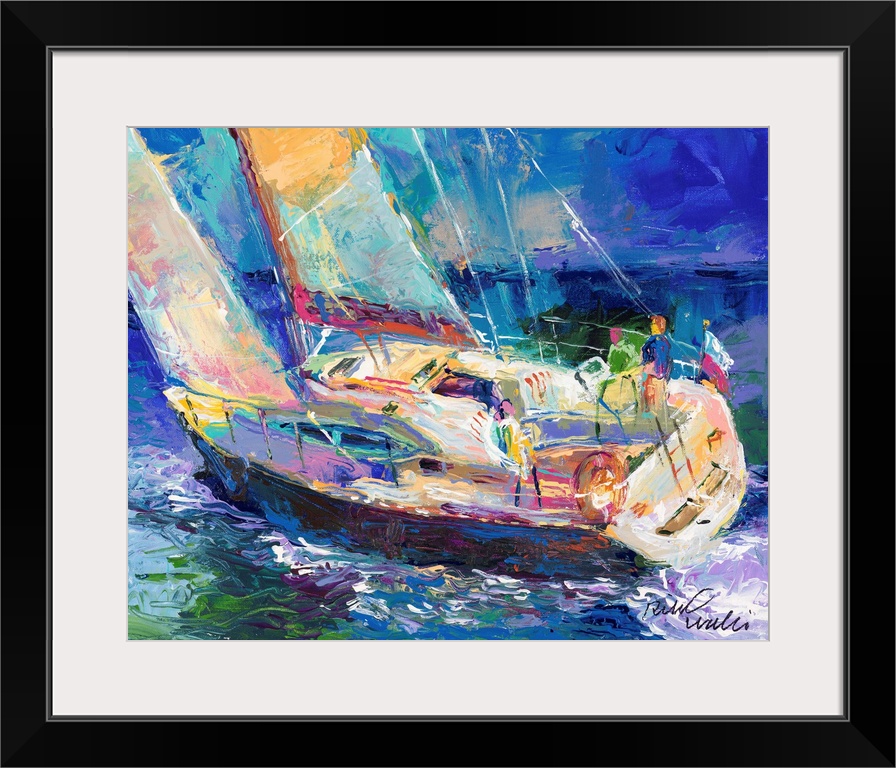 Colorful abstract painting of a sailboat in the ocean.