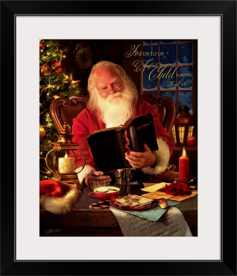 A warm and traditional portrait of Father Christmas sitting at a desk and reading from a bible, with the verse 'For Unto U...