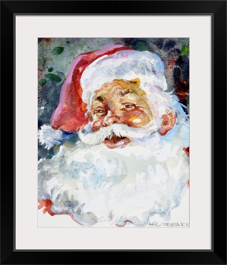 The face of Santa is painted largely with an abstract background behind him.
