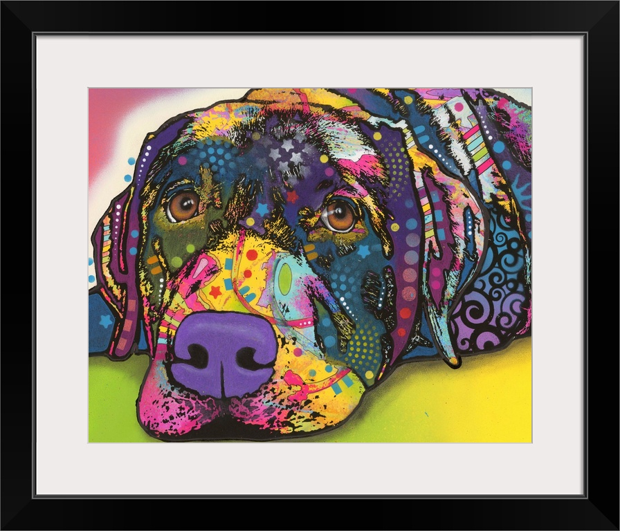 Colorful painting of a Labrador with graffiti-like designs all over.