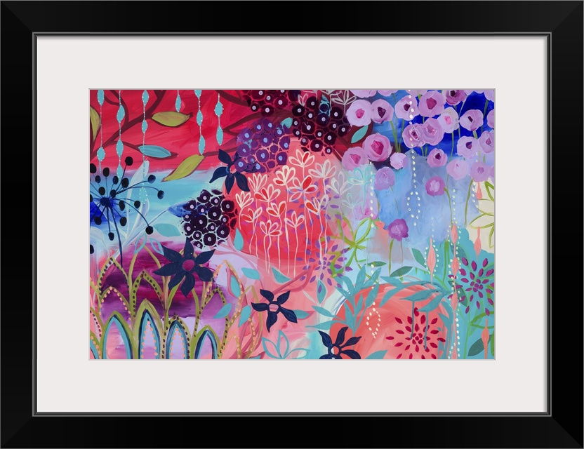 Contemporary painting of a vibrant wildly colored flowers.