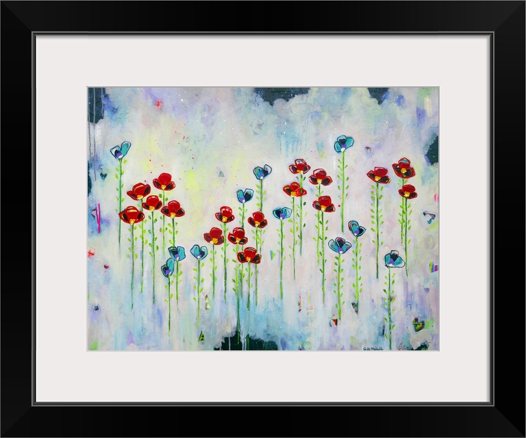 Vibrant abstract painting with blue and red flowers that appear to be floating with long green stems and leaves on a color...