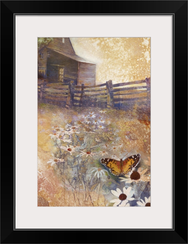 A contemporary painting of a butterfly on wildflowers seen outside of a country home.