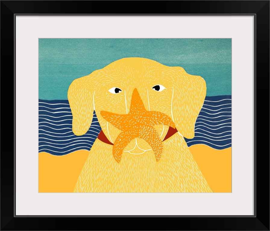 Illustration of a yellow lab at the beach with a starfish on its nose.