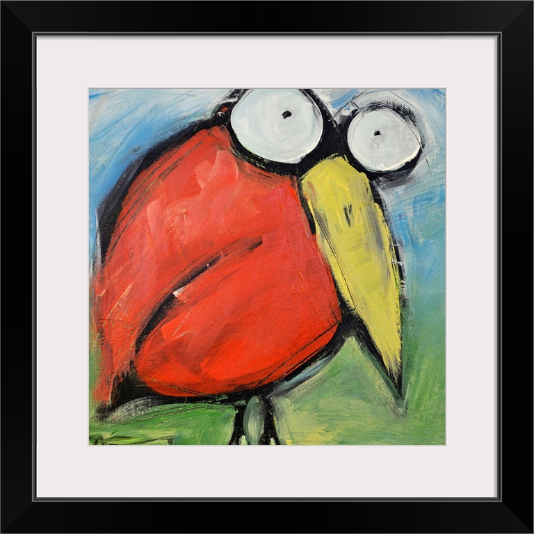 An energetic and delightfully goofy painting of a cartoonish red bird with bugging eyes on square shaped wall art.