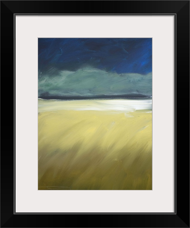 Contemporary landscape painting of dark storm clouds approaching on the horizon.