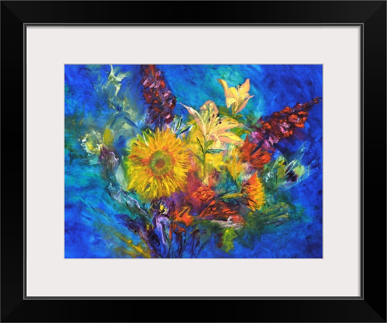 Contemporary painting of a colorful floral abstract.