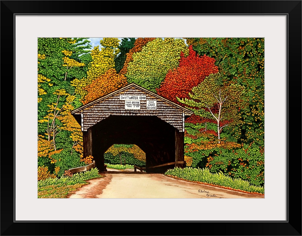 Contemporary artwork of a covered bridge surrounded by autumn foliage.