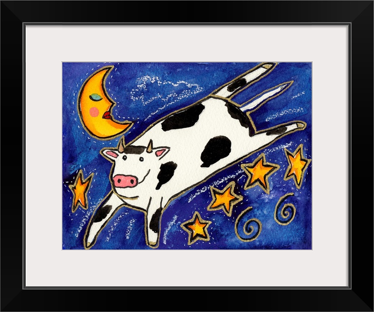 A black and white cow jumping over stars in the night sky.