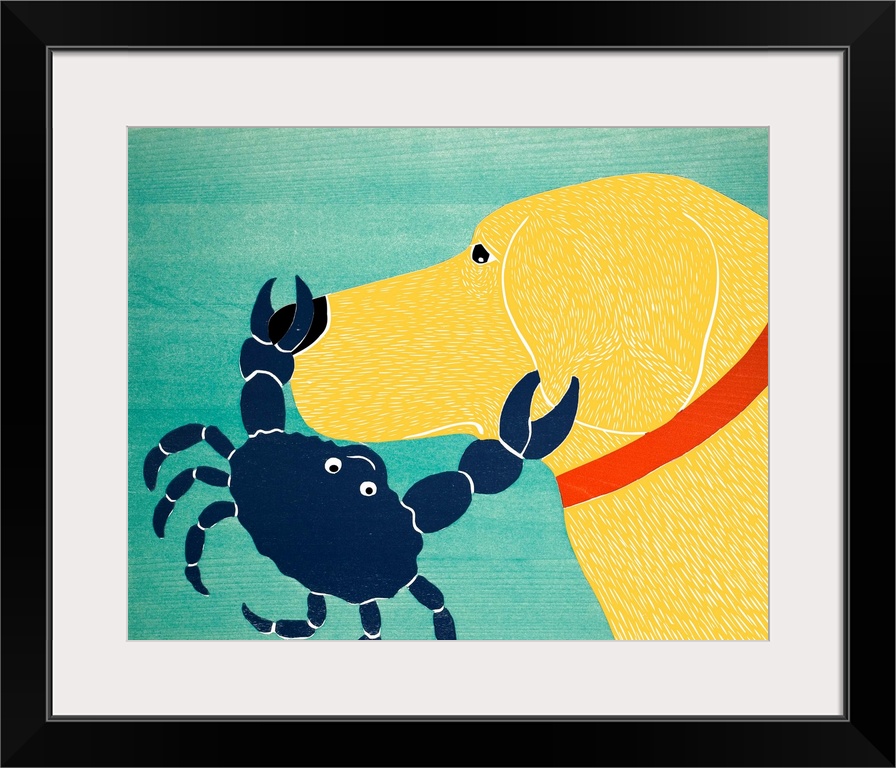 Illustration of a yellow lab with a blue crab pinching its nose and ear.