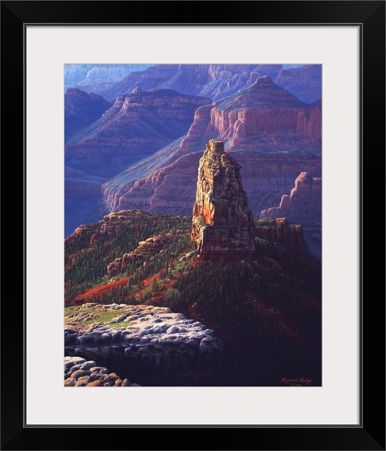 A tall natural landmark stands against the backdrop of the canyon walls.