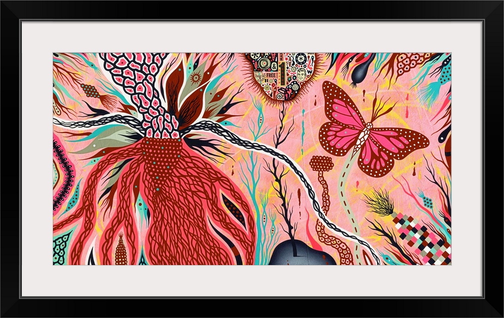 Abstract contemporary artwork in shades of pink and turquoise with a butterfly and floral shapes.