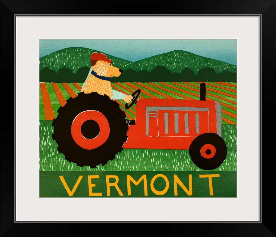 Illustration of a yellow lab riding on a red tractor with its owner with "Vermont" written at the bottom.