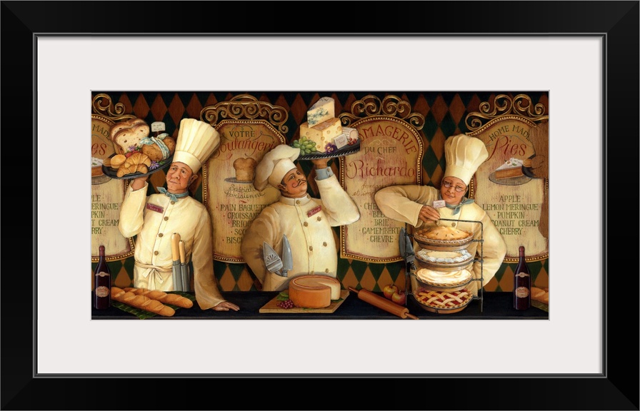 Big, landscape home art docor of three chefs standing at a counter, one holding cheese, one holding bread, the third holdi...