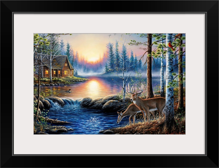 Contemporary landscape painting of two deer by a watering hole with a cabin in the background.