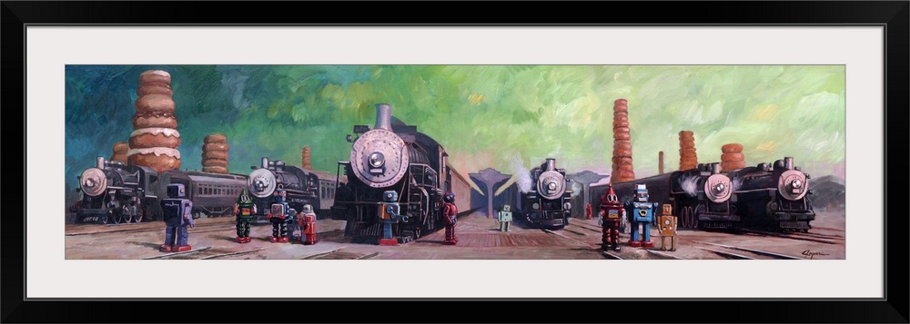 A contemporary painting of different colored retro toy robots standing in a train yard with giant steam engine trains all ...