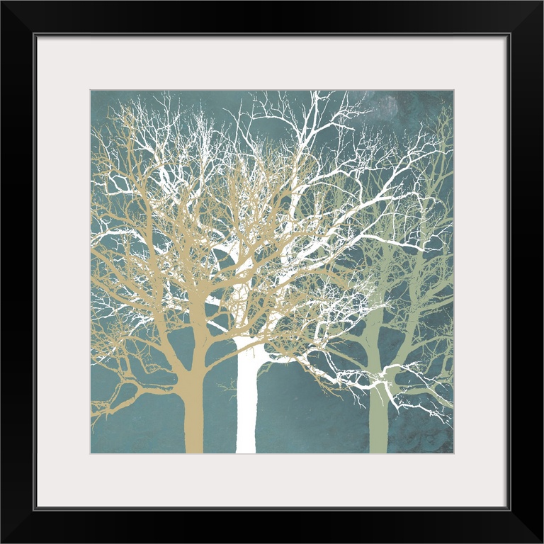 Flat silhouettes of three different colored trees are imposed over a textured, contrasting background.