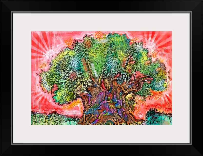 Large illustration of a tree with colorful animals on the trunk and a red sky with abstract designs.