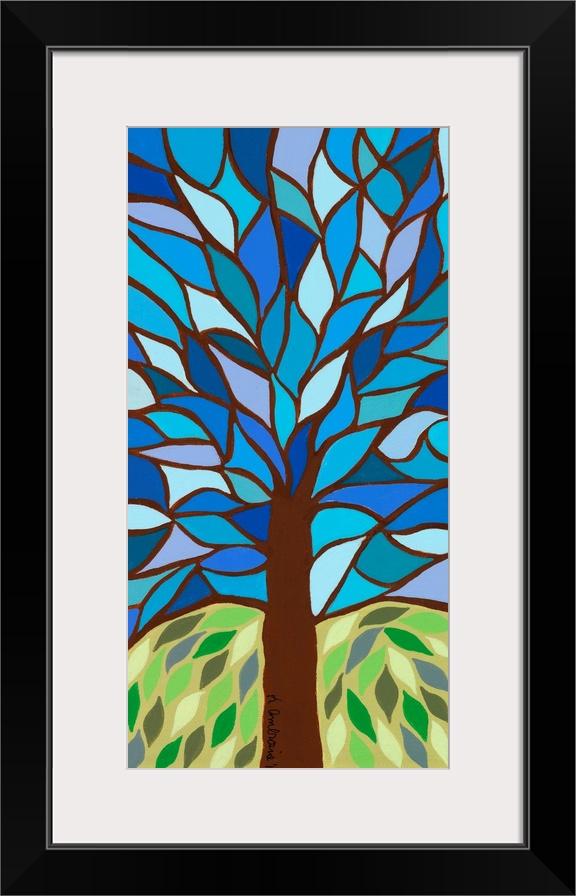 Contemporary painting of a tree with branches breaking up the sky into a mosaic-like pattern.