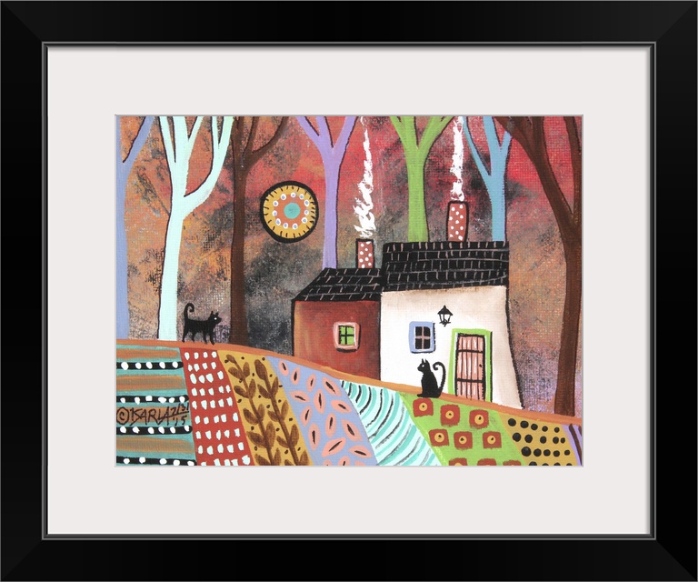 Contemporary folk-art style painting of a rolling hill landscape with houses and patchwork fields.