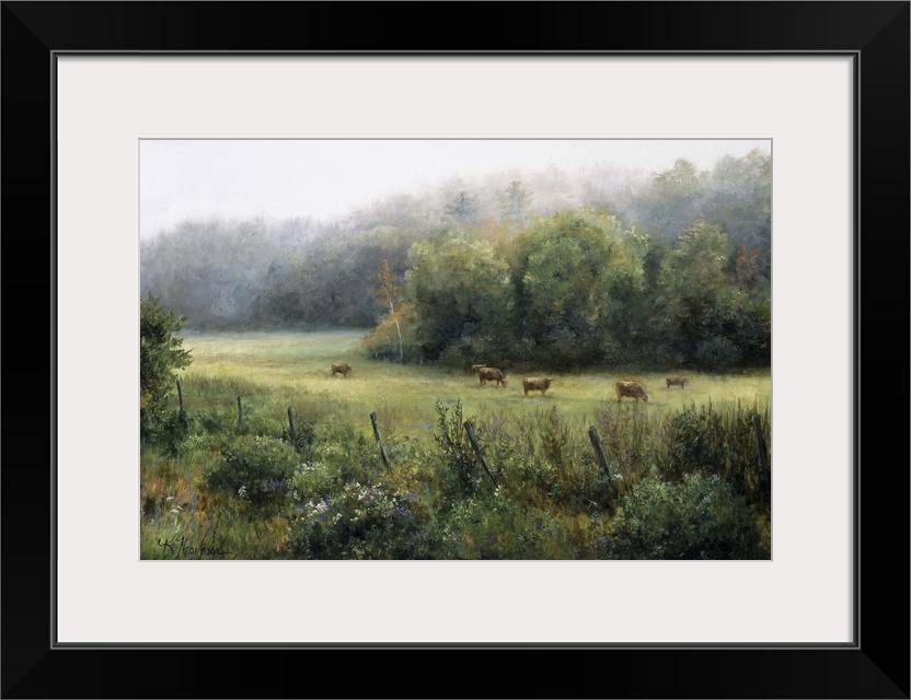 Contemporary painting of an idyllic countryside scene, cows in a pasture.