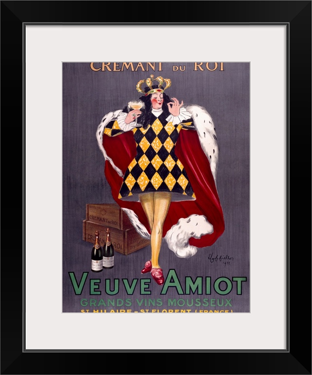 A pompous king, dressed in regalia, sips a glass of Veuve Amiot