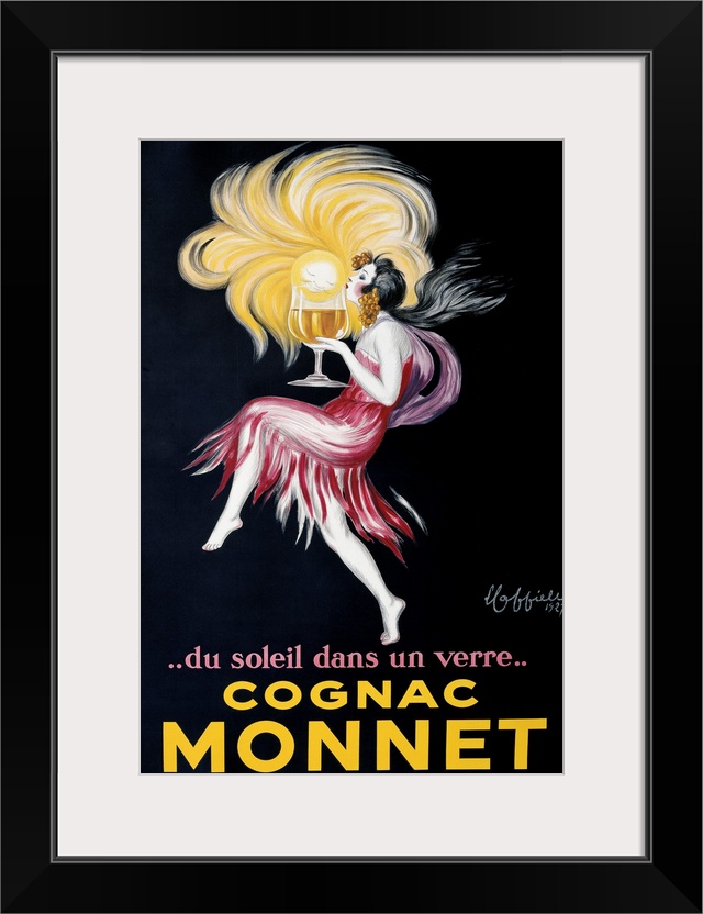 A flapper holds a large glass of Monnet cognac.  A small sun seems to emerge from the glass