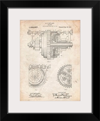 Vintage Parchment Mechanical Gearing 1912 Patent Poster
