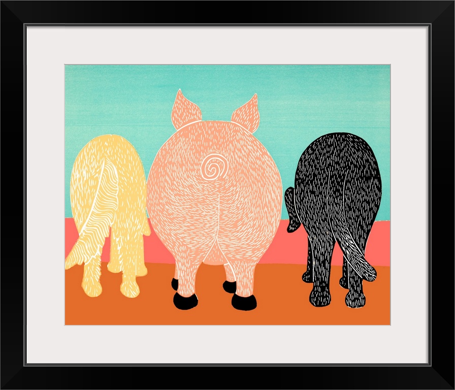 Illustration of a golden retriever, pig, and black lab from the back.
