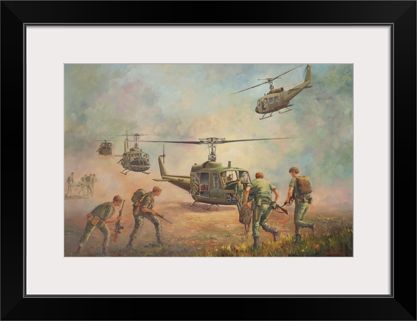 Contemporary painting of military helicopters in the heat of battle.