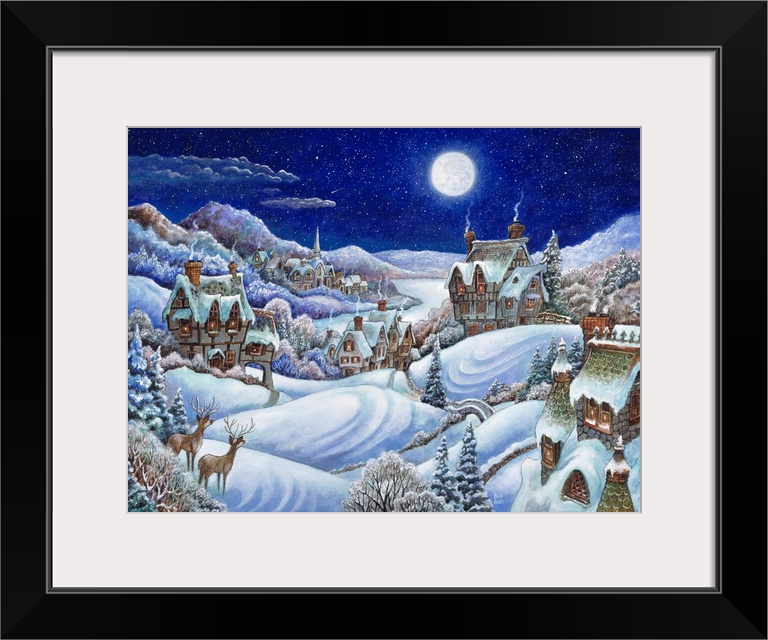 A winter village with a full moon and two deer standing in the meadow.
