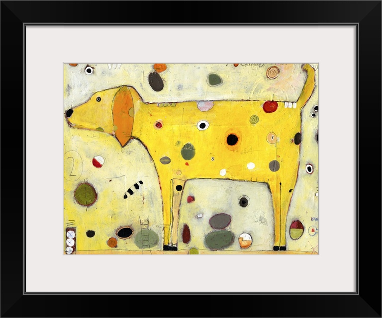 Lighthearted contemporary painting of yellow dog with spots.