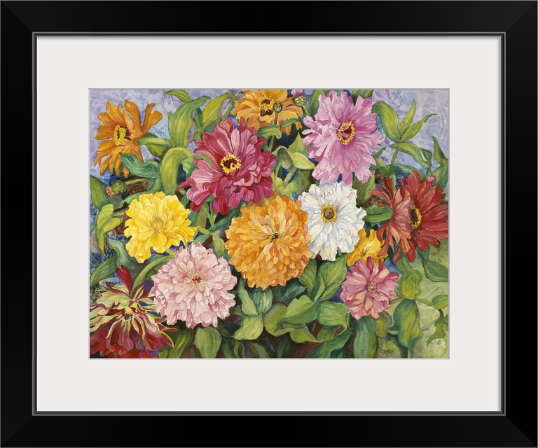 Colorful contemporary painting of multi-colored zinnias.