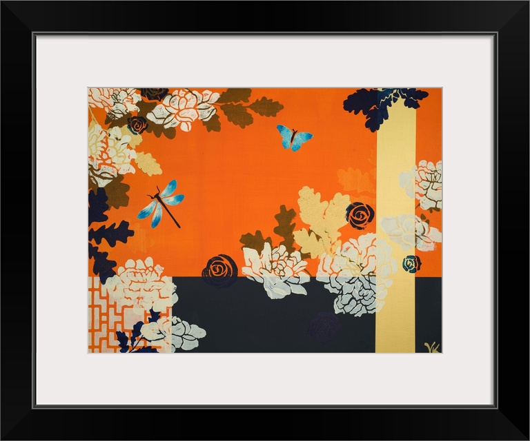 Painting of dragonfly and butterfly in peony garden with ivory and navy screen and tangerine background.