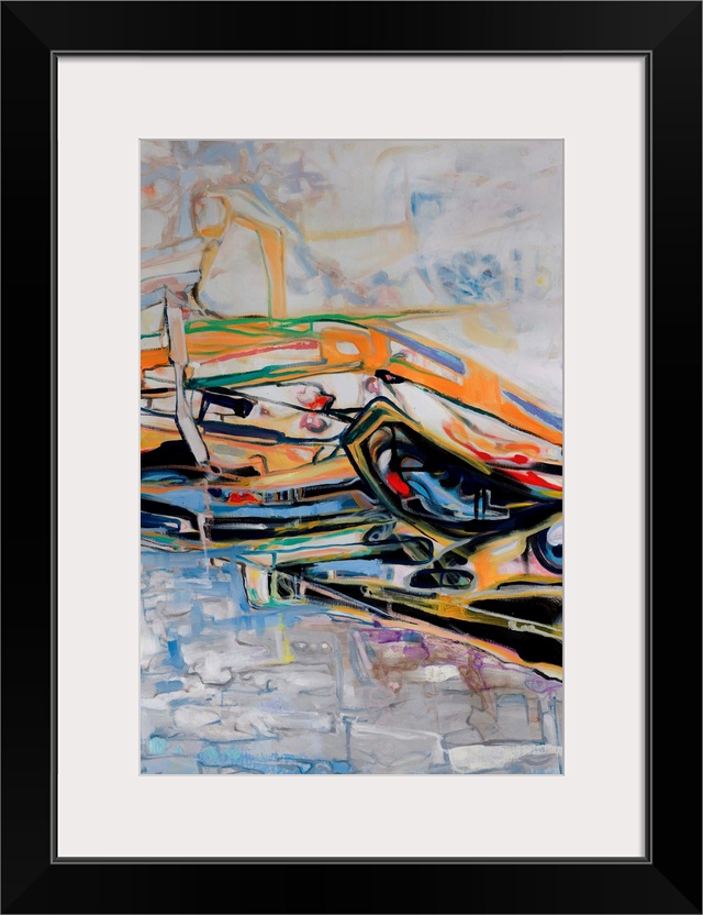 An abstract painting inspired by the Australian landscape of a cool billabong nestled amongst rugged terrain.