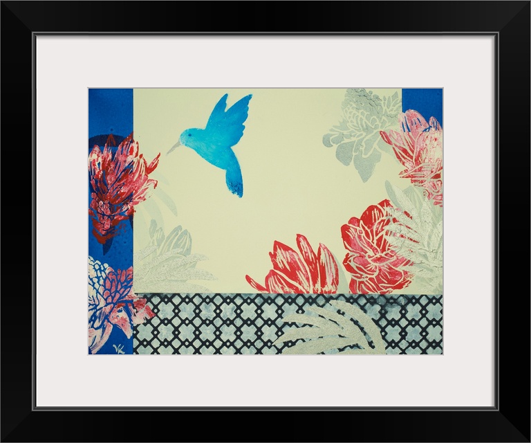 Painting of hummingbird in garden of ginger flowers with ivory background and cobalt accents.