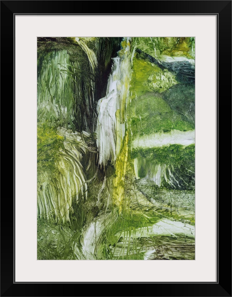 Painting on paper of a cascading waterfall in the forest.