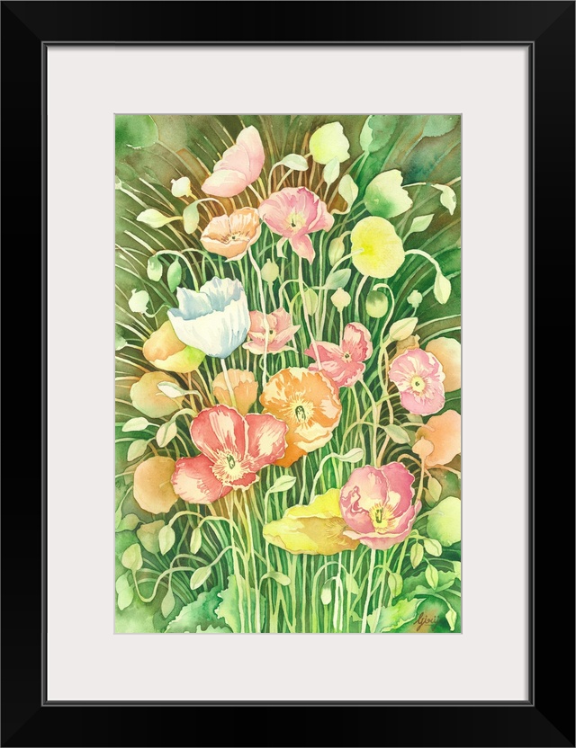 Colorfully created the bunch of poppy flowers on the fresh green background in watercolor on paper.