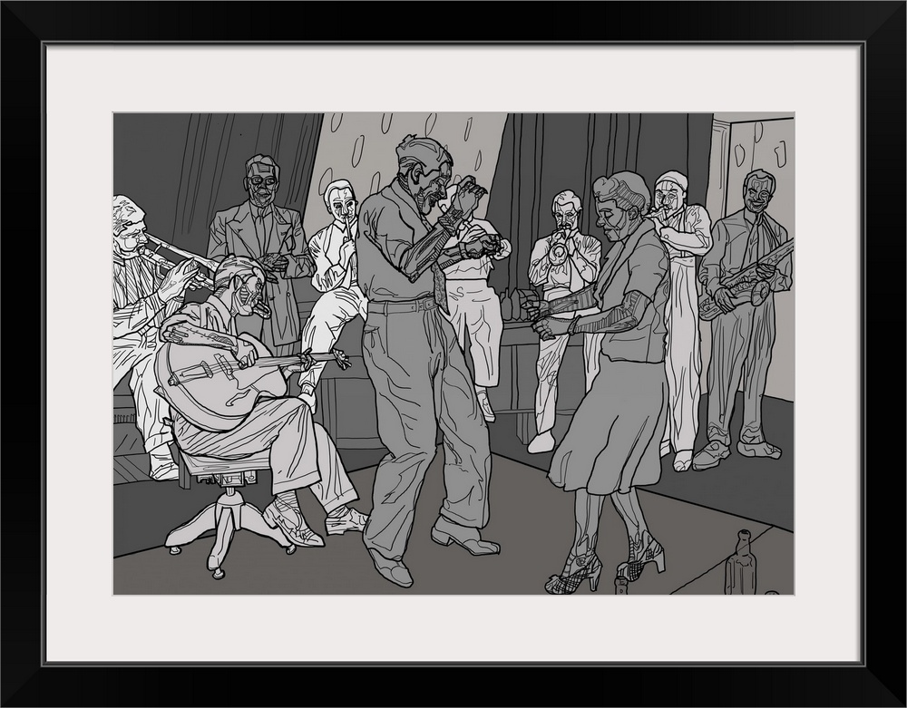 Illustration of 1930's human and robotic jazz dancers and band.